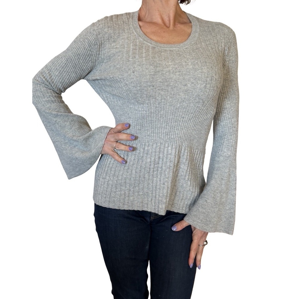 Paule Ka Cashmere Luxury Sweater Gray Knit Bell Long Sleeves Peplum Pullover L